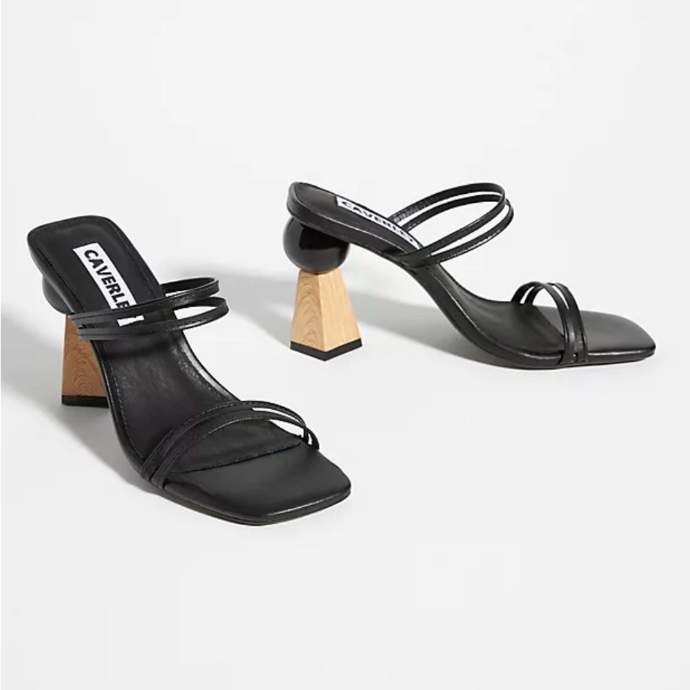 Caverley Black Strappy Heels with Artistic Wooden Heel - Picture 2 of 8